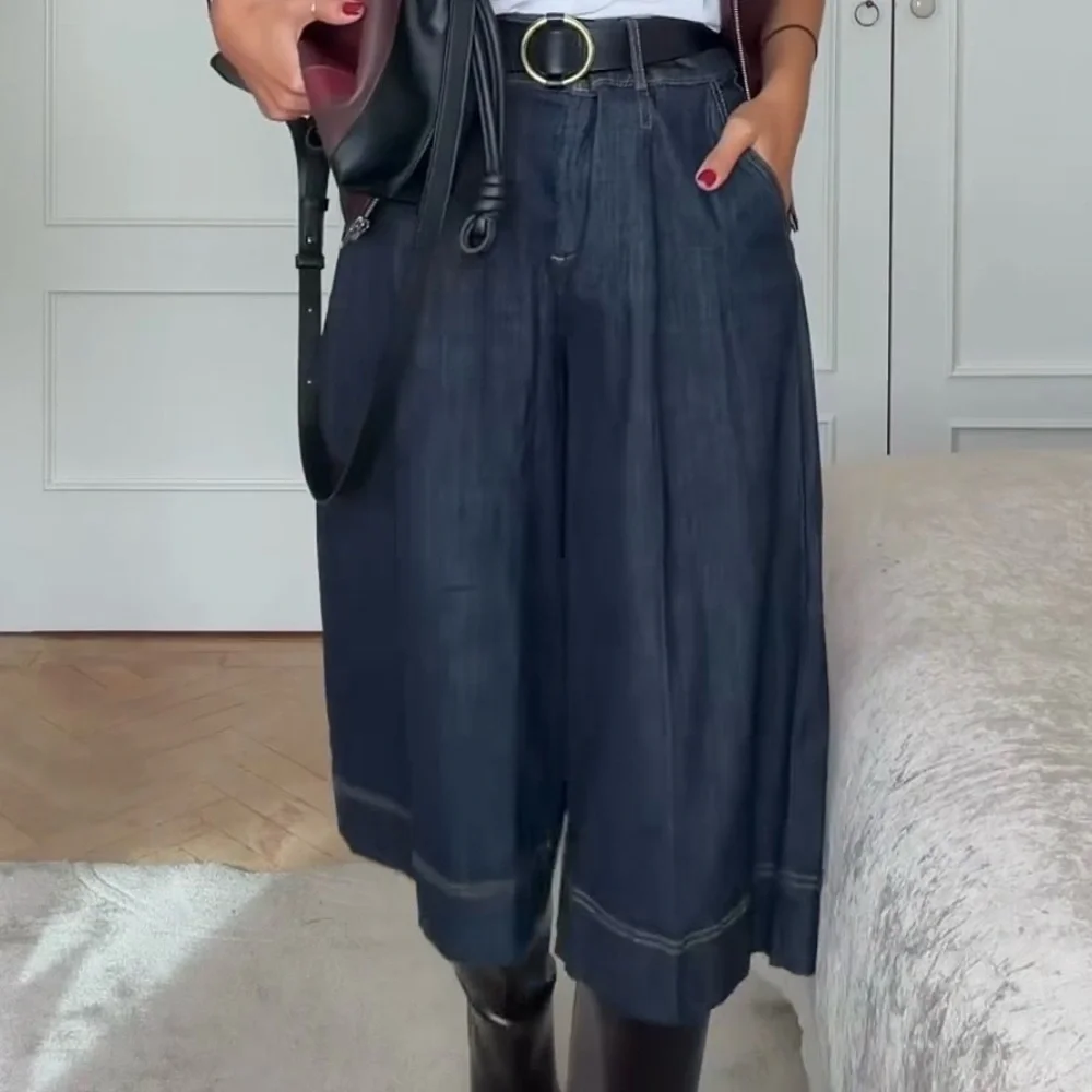 ZARA Dark Indigo Wide-Leg Culotte Pants - Picture 3 of 10